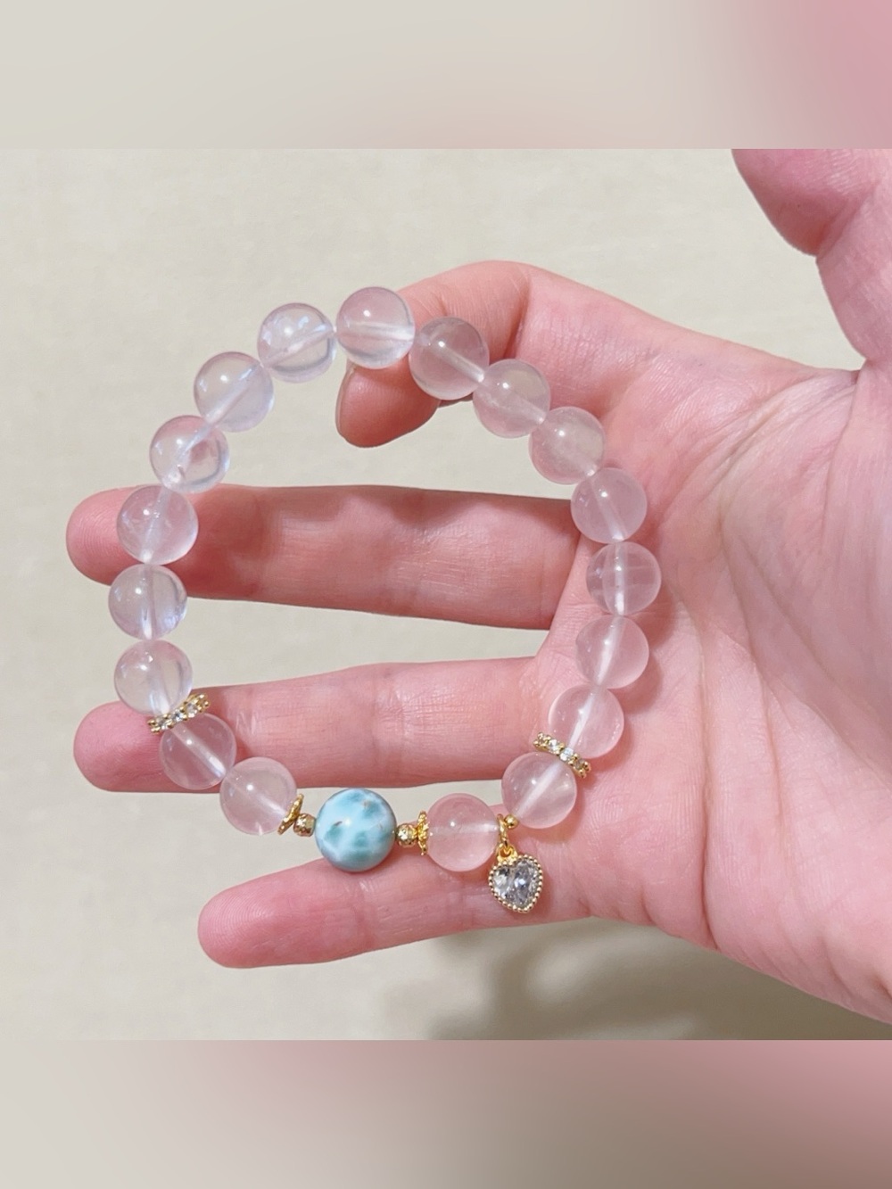 Handmade Natural Larimar & Star Rose Quartz Bracelet | 9.5mm